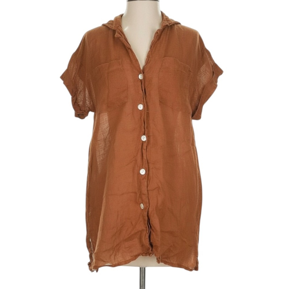 VITAMIN A Eco-Linen Top PLAYA POCKET BLOUSE Button-Up Shirt Beach RUSTY BROWN XS